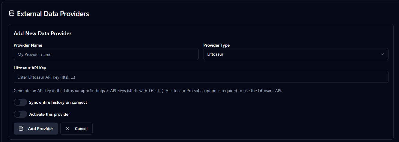Liftosaur External Provider Settings